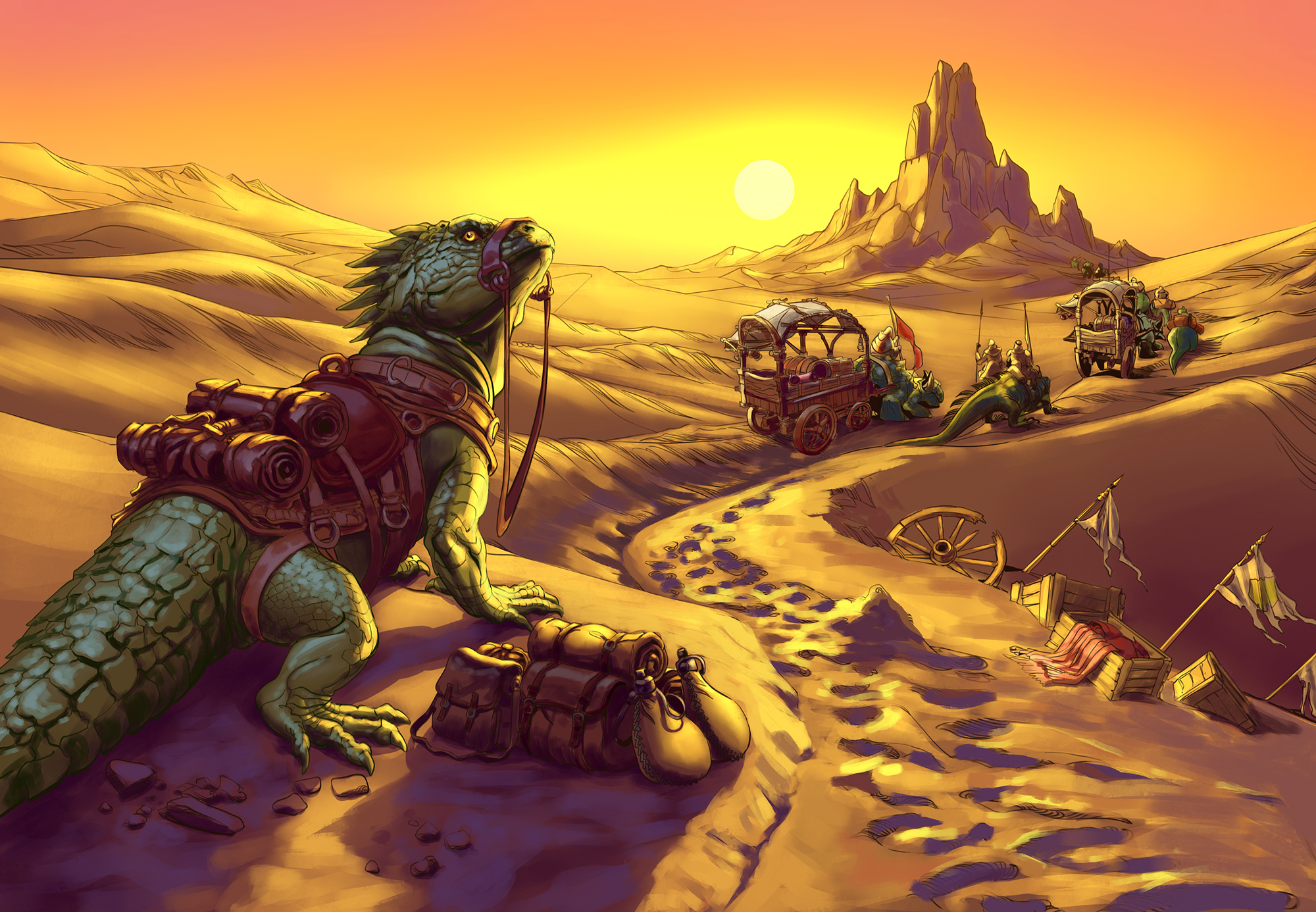 A lizardfolk caravan crossing a vast desert